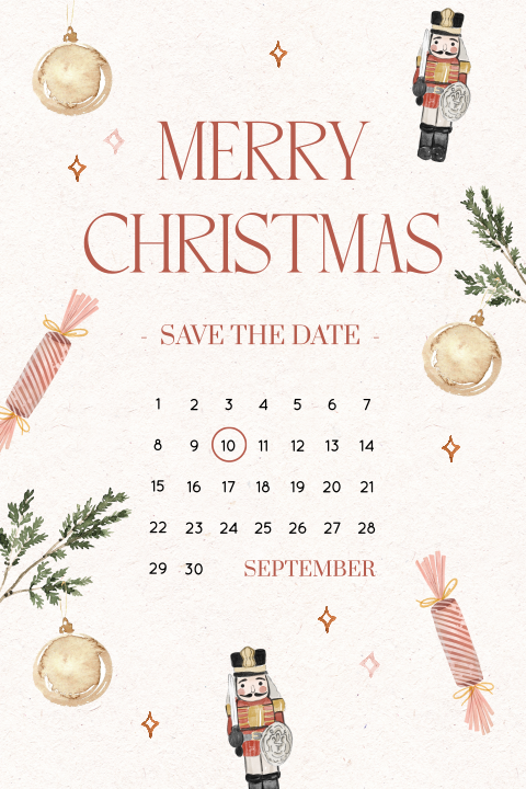 Weihnachtliche Save the Date Karte mit Nussknackern und Tannenzweigen