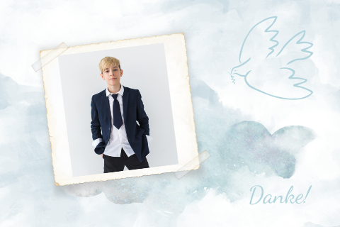 Dankeskarte Konfirmation mit Foto, Taube und  blaue Wasserfarbe