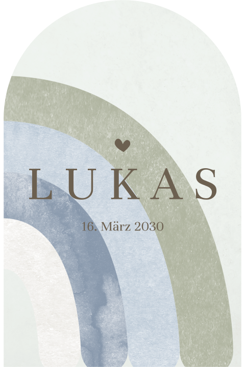 Taufeinladung in Bogenform mit Regenbogen in Grün- und Blautönen