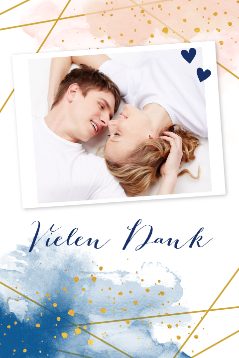 Dankeskarte Hochzeit mit Foto und Aquarell in pink und blau