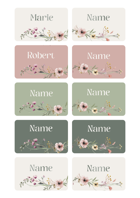 Namenskarten mit elegantem Blumenmuster in verschieden Farben