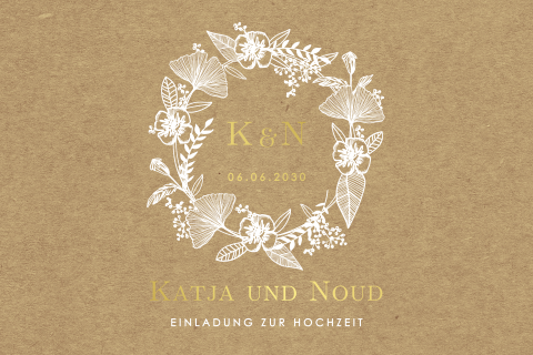 Hochzeitskarte mit Kraftlook und weißem Blumenkranz