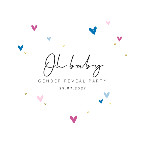 Niedliche Einladung zur Gender Reveal Party mit bunten Herzen