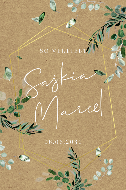 Hochzeitseinladung im Kraft-Look mit Eukalyptuszweigen und Goldfolie
