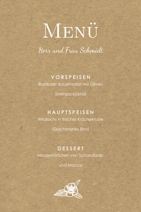 Menükarte mit Kraftlook und weißem Blumen