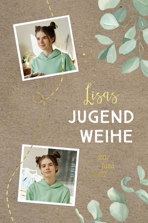 Einladung zur Jugendweihe im Kraft-Look mit Goldfolie und Fotos