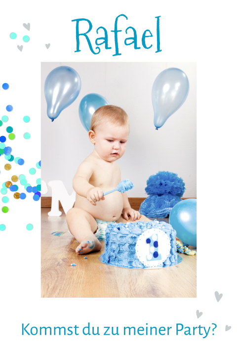 Schöne Einladung zum Kindergeburtstag mit blauem Konfetti und Foto