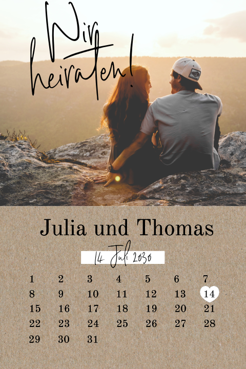 Originelle Hochzeitseinladung im Kalender-Design mit Foto - echtes Kraftpapier