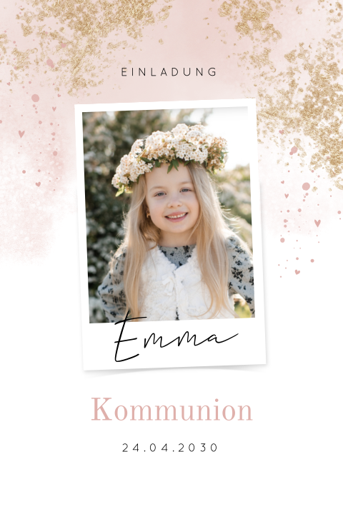 Einladung Kommunion mit rosa Aquarellfarbe und Foto