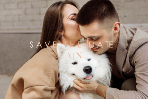 Moderne Save the Date Karte mit großem Foto und Roségoldfolie