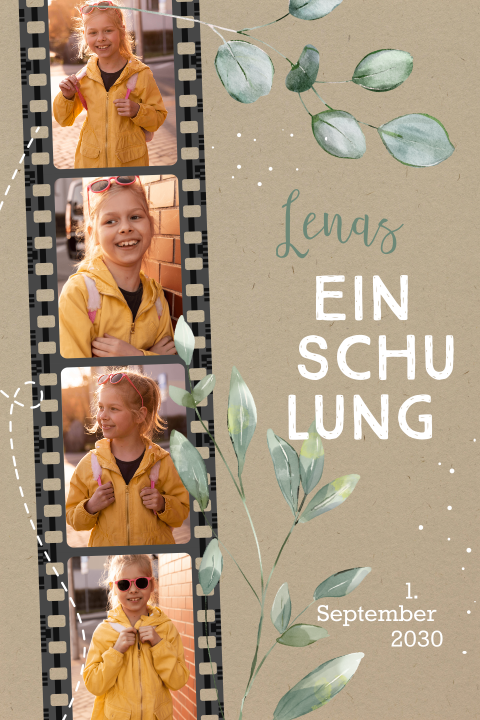 Einladung zur Einschulung im Kraft-Look mit Fotostreifen