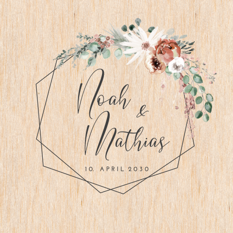 Ästhetische Hochzeitskarte Holz mit Geometrie und Blumenstrauß