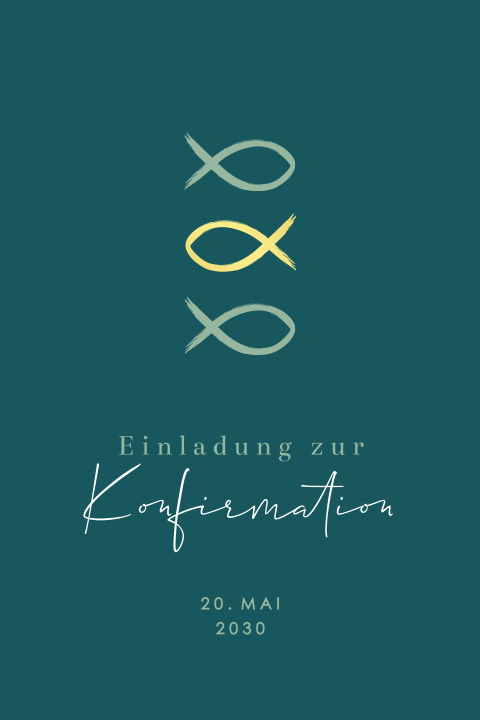 Einladung zur Konfirmation in Petrol mit Ichtys und Goldfolie