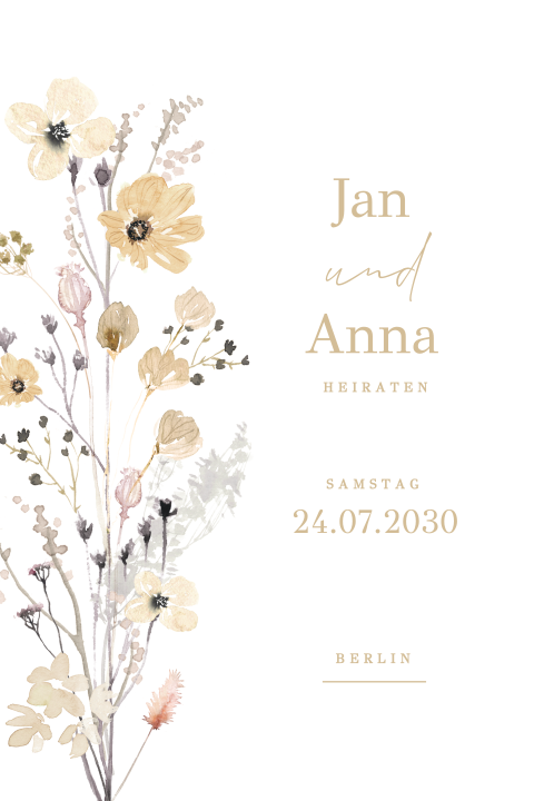 Minimalistische Hochzeitseinladung Hochformat mit Aquarell Blumen