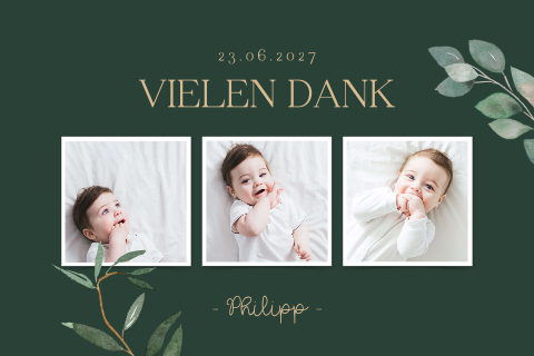 Dankeskarte Taufe mit drei Fotos und Zweigen