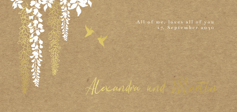 Kraft-Look Hochzeitseinladung mit Goldfolie Zweigen und Vögeln