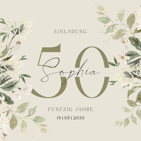 Stilvolle Einladung zum 50. Geburtstag in Grün mit Blumen