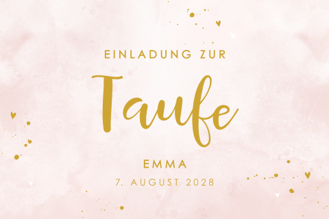 Einladung zur Taufe in Weiss und Rosa mit goldenen Herzchen