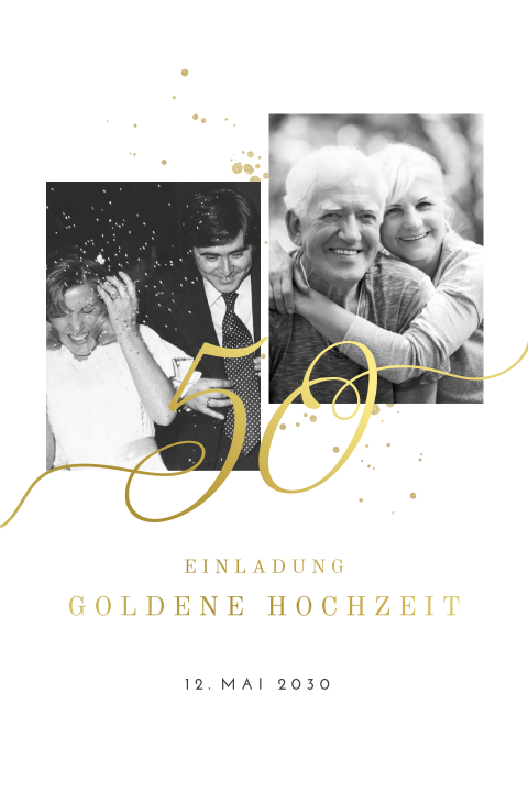 Minimalistische Einladung zur goldenen Hochzeit mit Fotos und Goldfolie
