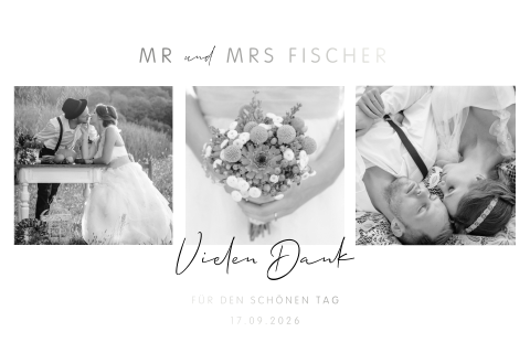 Elegante Danksagungskarte zur Hochzeit mit Fotos