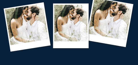 Blaue Hochzeit Dankeskarte mit Fotos im Polaroidstil