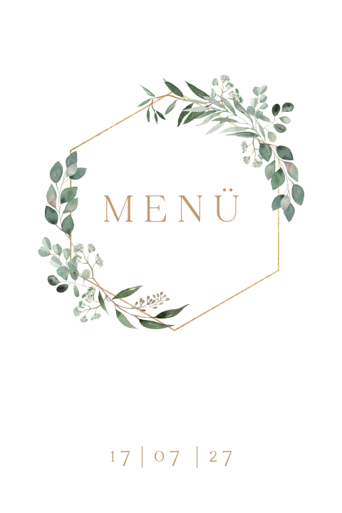 Klappkarte Menü Hochzeit mit eleganter Schrift und Eukalyptus Zweigen