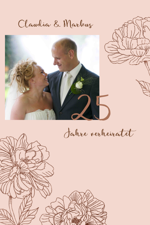 Einladung zum Hochzeitstag mit Pfingstrosen und einem Foto