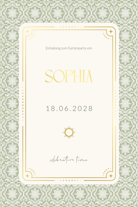 Luxeriöse Geburtstagseinladung  mediterranem Muster und Goldfolie