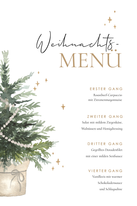 Weihnachtliche Menükarte mit Tannenbaum und Sternen