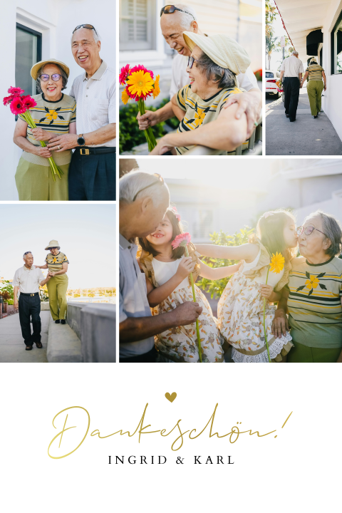 Dankeskarte Goldene Hochzeit mit Fotocollage und Goldfolie