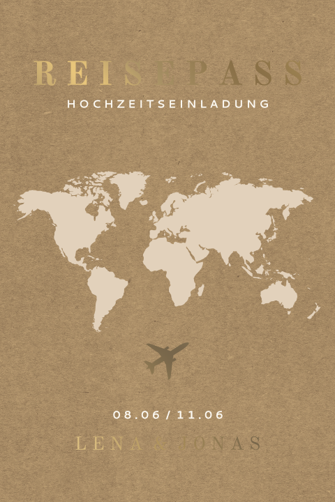 Hochzeitseinladung Reisepass im Kraft-look mit Mattgoldfolie