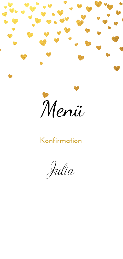 Menükarte für die Konfirmationsfeier mit Herzchenregen