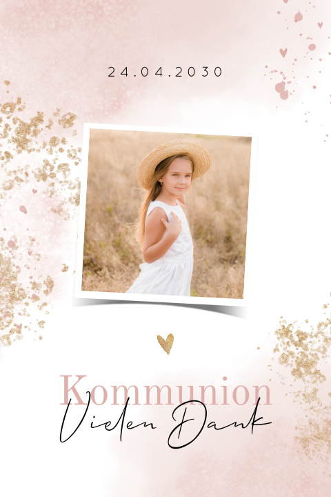 Dankeskarte zur Kommunion mit rosa Aquarellfarbe, Foto und Goldspritzer