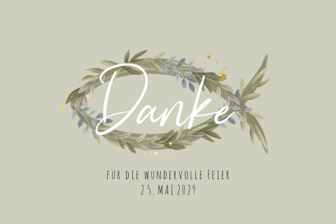 Danksagungskarte zur Kommunion in Grün mit Ichtys aus Blättern