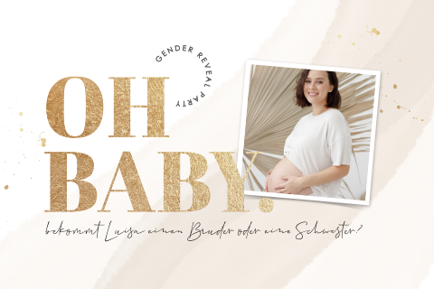 Einladung zur Gender Reveal Party mit goldenen Sprenkeln und Babyfüßen