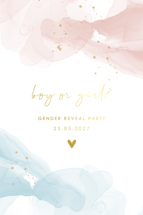 Einladung zur Gender Reveal Party mit Wasserfarben und Gold-Sprenkeln