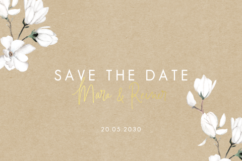 Kraftpapier-Look Save the Date Karte mit weißen Blüten