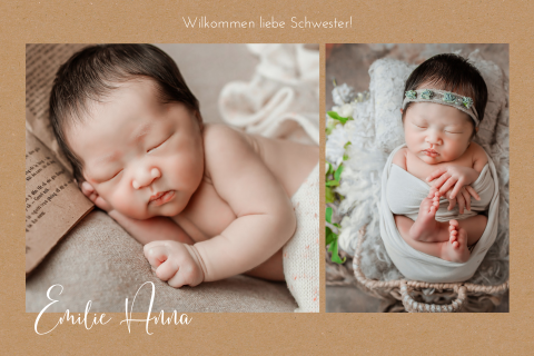 Schöne Geburtskarte hellbraun mit zwei Fotos