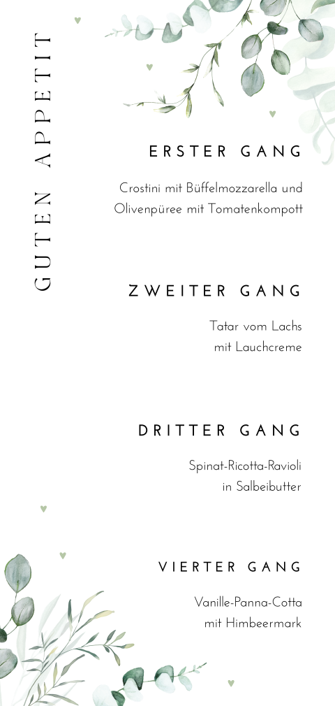 Schöne Menükarte mit Eukalyptus im Greenery-Look