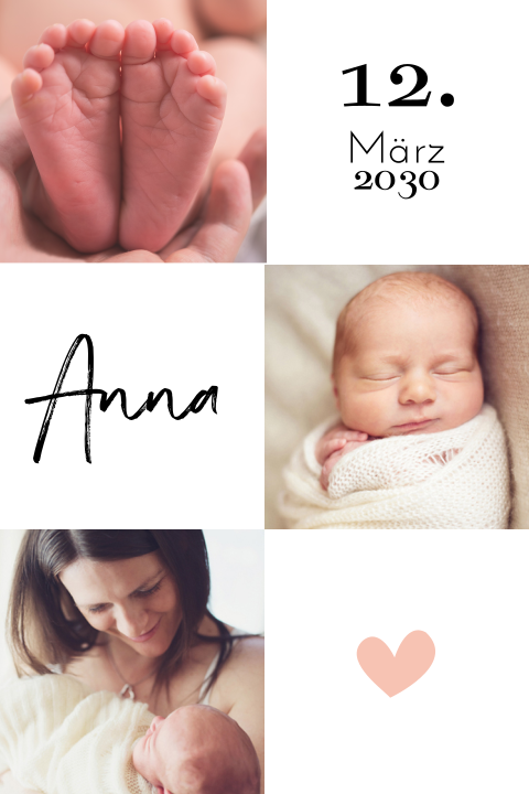 Schöne Geburtskarte mit drei Bildern und Herzen