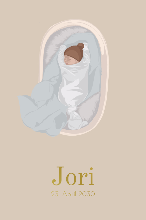 Geburtskarte mit Baby Illustration, Foto und Goldfolie Hochformat