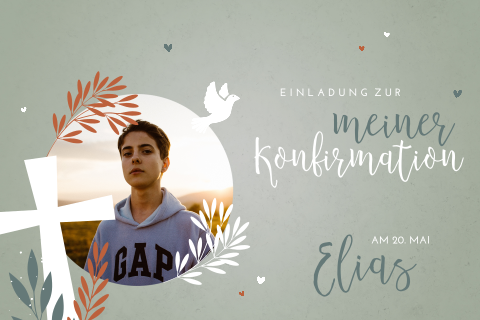 Konfirmationskarte für einen Jungen mit Foto, Zweigen und Taube
