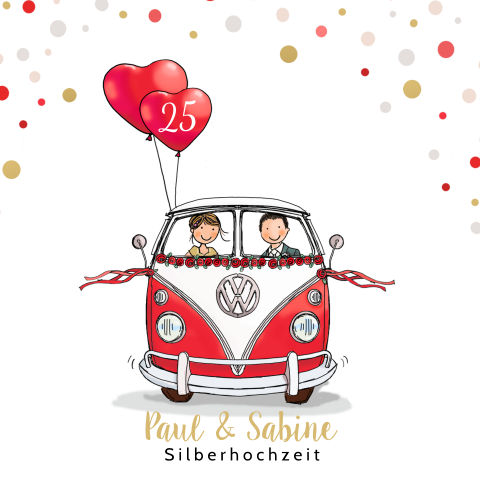Lustige Einladung zum 25-jährigen Jubiläum mit rotem Van und Konfetti