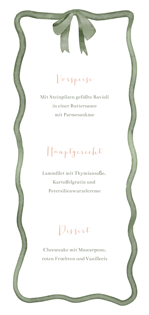 Menükarte für Hochzeit in Weiß mit grünem, welligen Rand und Schleife