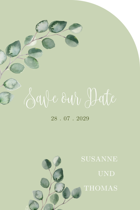 Halbrunde Save-the-Date-Karte in lindgrün mit Eukalyptus Blättern
