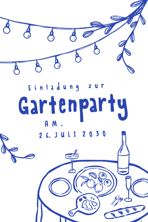 Einladung zur Gartenparty in Blau und Weiß mit Illustrationen
