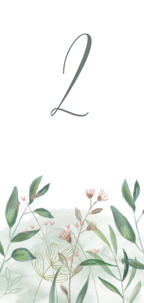 Karte mit Tischnummer mit gezogenen Zweigen und Blumen