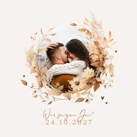 Hochzeitskarte mit Kranz aus getrockneten Zweigen und Foto