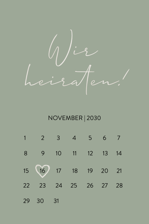 Hochzeitskarte Grün mit Kalenderblatt und weißer Schrift