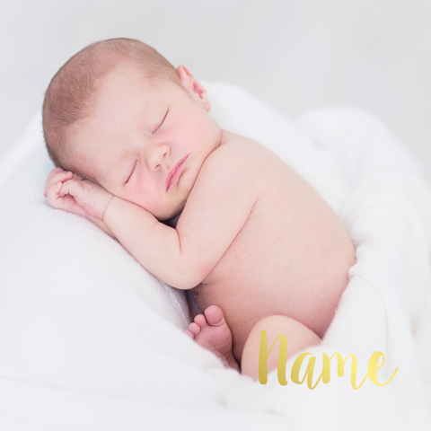 Quadratische Geburtsanzeige mit Babynamen in Goldfolie
